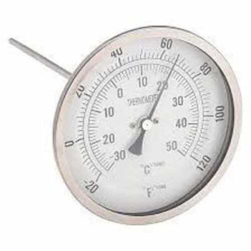 DESCRIPTION: (1) DIAL THERMOMETER BRAND/MODEL: 1NGF1 SIZE: Back, -20&deg; to 120&deg;F/-30&deg; to 50&deg;C, 1/2 in NPT, 9 in Stem Lg, 5 in Dial Dia RETAIL$: $50.00 E