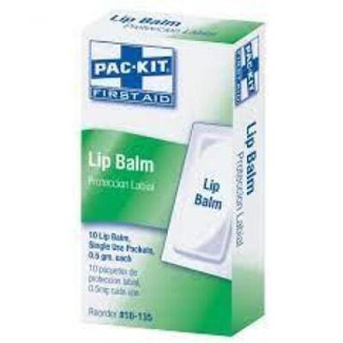DESCRIPTION: (8) BOXES OF (10) PACKETS OF LIP BALM BRAND/MODEL: FIRST AID ONLY #39P062 RETAIL$: $5.00 EA SIZE: .5 OZ QTY: 8