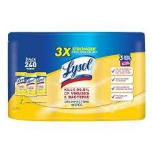 DESCRIPTION: (2) PACK OF (3) DISINFECTANT WIPES BRAND/MODEL: LYSOL SIZE: 240 WIPES PER CONTAINER RETAIL$: $20.00 EA QTY: 2