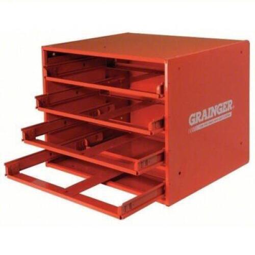 DESCRIPTION: (1) SLIDING DRAWER CABINET BRAND/MODEL: DURHAM MFG #5JEM6 SIZE: 20 in x 15 3/4 in x 15 in, For 4 Drawers, Red, Glide RETAIL$: $178.33 EA