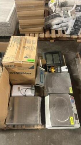 ASSORTED OFFICE SUPPLIES, SCALES, SMALLWARE, HARDWARE