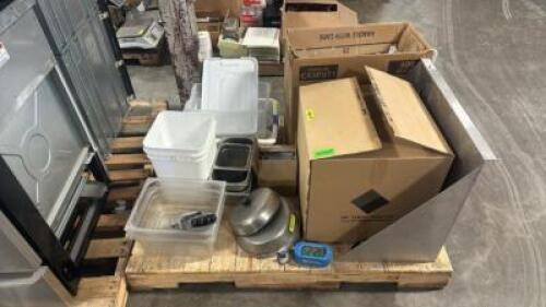 FULL PALLET OF ASSORTED KITCHEN SUPPLIES AND EQUIPMENT