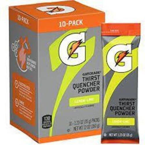 DESCRIPTION: (2) BOXES OF (10) THIRST QUENCHER POWDER PACKS BRAND/MODEL: GATORADE INFORMATION: LEMON LIME RETAIL$: $29.99 EA SIZE: 1.23 OZ EA QTY: 2