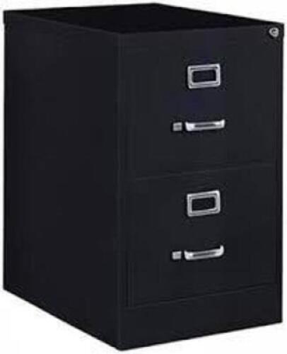 DESCRIPTION: (1) VERTICAL FILING CABINET BRAND/MODEL: HIRSH #17781 INFORMATION: BLACK, METAL, 2 DRAWERS SIZE: 26.5" RETAIL$: $198.00 EA QTY: 1