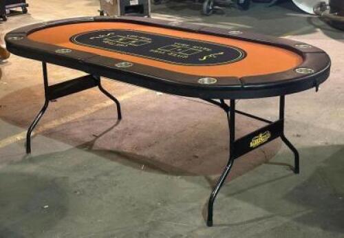 DESCRIPTION: FOLDING POKER TABLE BRAND / MODEL: BARRINGTON ADDITIONAL INFORMATION: LIGHT WEAR SIZE: SEE PHOTOS LOCATION: SECOND FLOOR. THIS LOT IS: ON