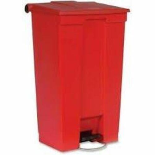 DESCRIPTION: (1) STEP-ON TRASH CONTAINERBRAND/MODEL: RUBBERMAID #FG614600INFORMATION: REDSIZE: 23 GAL, 19 3/4" X 16 1/8" X 32 1/2"RETAIL$: $79.99 EAQTY: 1