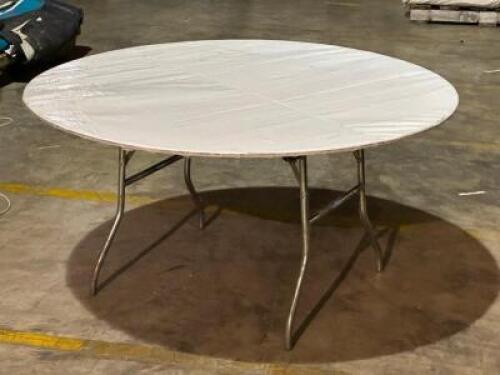 DESCRIPTION: HEAVY DUTY ROUND FOLDING TABLE WITH COVER SIZE: 5' X 30" LOCATION: FIRST FLOOR THIS LOT IS: ONE MONEY QTY: 1
