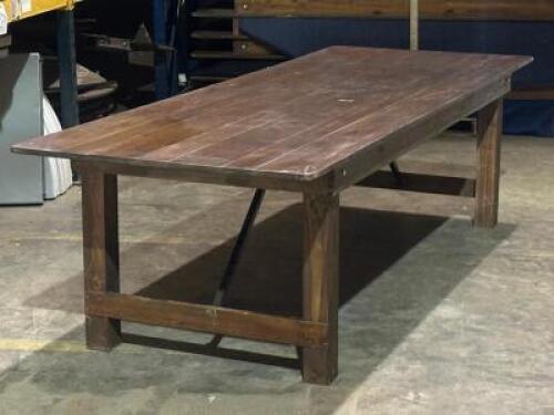 DESCRIPTION: HEAVY DUTY FARM TABLE WITH FOLDING LEGS ADDITIONAL INFORMATION: B+ CONDITION, RETAILS FOR $568 SIZE: 108" X 40" X 30" LOCATION: FIRST FLO