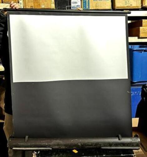 DESCRIPTION: SMALL RETRACTABLE PROJECTOR SCREEN LOCATION: ELECTRONICS CAGE QTY: 1