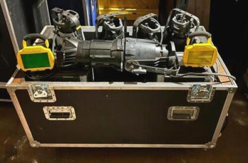 DESCRIPTION: (5) 750 STAGE LIGHTS WITH ASSORTED COLORED SPOTLIGHTS BRAND/MODEL: SOURCE FOUR 750 INFORMATION: COMES WITH TRAVEL CASE LOCATION: ELECTRON