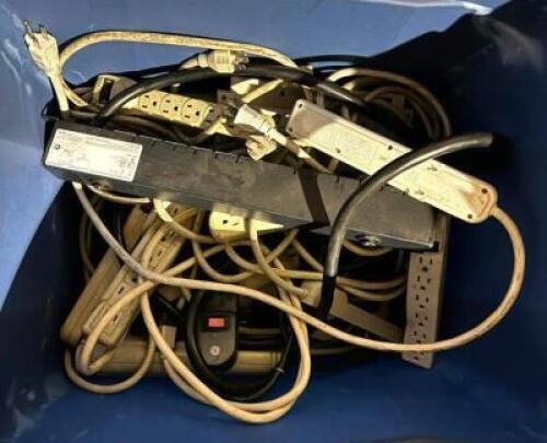 DESCRIPTION: BIN OF ASSORTED SURGE PROTECTORS LOCATION: ELECTRONICS CAGE QTY: 1