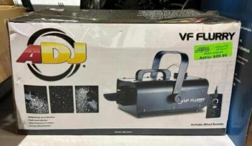 DESCRIPTION: SNOW MACHINE BRAND/MODEL: ADJ VF FLURRY LOCATION: OUTSIDE ELECTRONICS CAGE QTY: 1