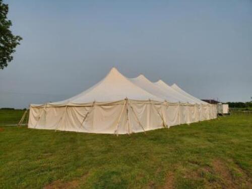 DESCRIPTION: 40X100 HI PEAK POLE TENT BRAND/MODEL: CELINA INFORMATION: INCLUDES: 2 WHITE TOP ENDS (40X20), 3 WHITE TOP MIDS (40X20), 28 8' SIDE POLES,