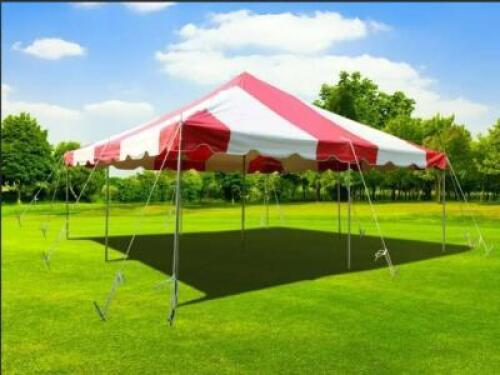 DESCRIPTION: 20X20 RED/WHITE TOP WEST COAST FRAME TENT TOP INFORMATION: TOP ONLY LOCATION: WAREHOUSE QTY: 1