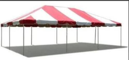 DESCRIPTION: 20X30 RED/WHITE TOP WEST COAST FRAME TENT TOP INFORMATION: TOP ONLY LOCATION: WAREHOUSE QTY: 1