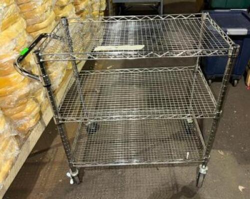 DESCRIPTION: METAL THREE TIER CART ADDITIONAL INFORMATION: TWO WHEELS ARE BENT SIZE: 18"X30"X33" LOCATION: LEVEL 2 QTY: 1