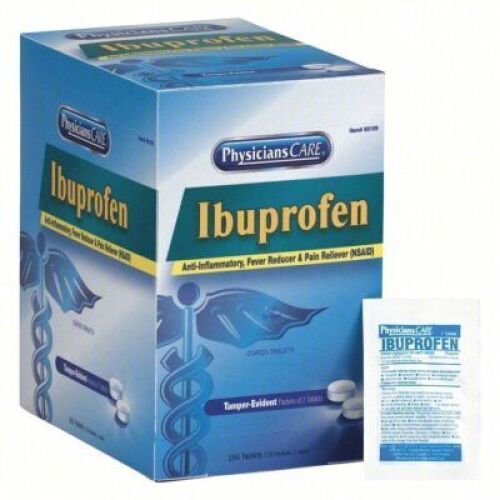 DESCRIPTION: (5) BOXES OF PAIN RELIEF TABLET BRAND/MODEL: IBUPROFEN #488G46 SIZE: 125 X 2, 200MG, PK250 RETAIL$: $26.16 PER BOX QTY: 5
