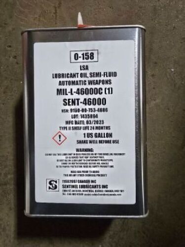 &nbsp;DESCRIPTION:&nbsp;(2) AUTOMATIC WEAPON LUBRICANTBRAND/MODEL:&nbsp;SENTINEL LUBRICANTS #MIL-L-460000CSIZE:&nbsp;1 GALLONRETAIL$:&nbsp;$152.00 EAQTY:&nbsp;2