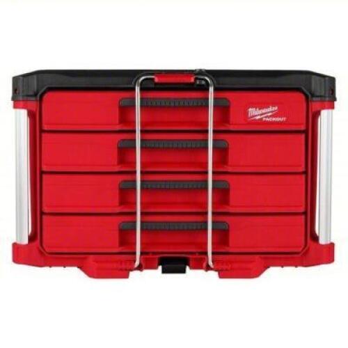 DESCRIPTION: (1) TOOX BOX BRAND/MODEL: MILWAUKEE PACKOUT #810VE5 INFORMATION: RED AND BLACK, PADLOCKABLE SIZE: 22 1/4 IN WD, 16 1/4 IN DP, 14 1/4 IN H
