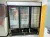 DESCRIPTION: TRUE THREE DOOR MERCHANDISER COOLER. BRAND / MODEL: TRUE GDM-72 ADDITIONAL INFORMATION 115 VOLT, 1 PHASE, MISSING BOTTOM KICK PLATE. IN W - 3