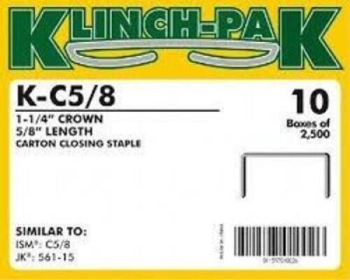 DESCRIPTION: (10) BOXES OF (2500) CARTON CLOSING STAPLES BRAND/MODEL: KLINCH-PAK #K-C5/8 SIZE: 1-1/4" CROWN, 5/8" LENGTH RETAIL$: $256.18 TOTAL QTY: 1