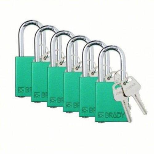 DESCRIPTION: (1) CASE OF (6) PADLOCKS BRAND/MODEL: BRADY #793EG1 SIZE: Aluminum, Std Body Body Size, Steel, Std, Green, 6 Pack Size RETAIL$: $96.20 EA