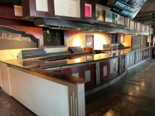 DESCRIPTION: 36.5' X 3' GRANITE TOP BAR W/ WOOD PANELING FRONT, BACK BAR COUNTER TOP, AND CEILING MOUNTED CABINET AND GLASS RACK. ADDITIONAL INFORMATI