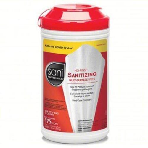DESCRIPTION: (1) cASE OF (6) SANITIZING WIPES BRAND/MODEL: SANI PROFESSIONAL #403T86 SIZE: 175 ct Container Size, Ready to Use, Wipes, Quat, 6 PK RETA