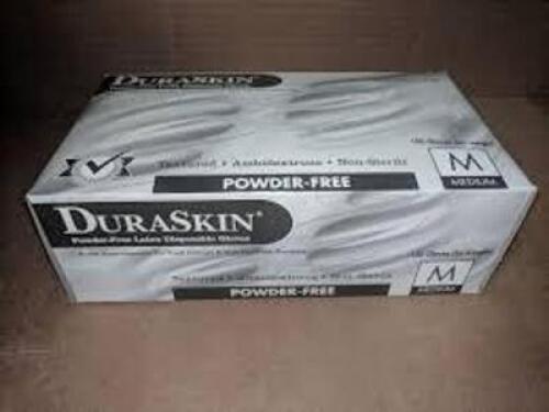DESCRIPTION: (10) BOXES OF (100) DISPOSABLE GLOVES BRAND/MODEL: DURASKIN #T2810W/M INFORMATION: POWDER FREE SIZE: MEDIUM RETAIL$: $12.25 EA QTY: 10