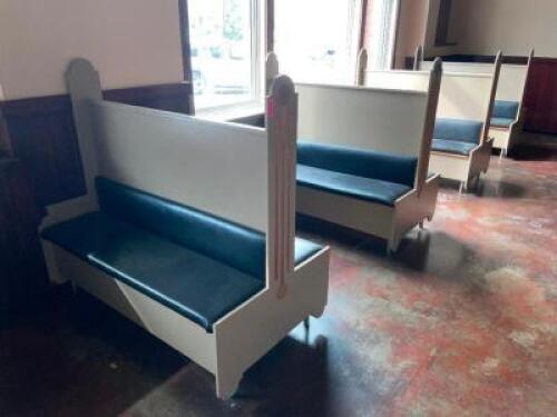 DESCRIPTION: (4) SECTIONS OF 60" HIGH BACK BOOTH SEATING W/ BLACK VINYL SEAT CUSHIONS. ADDITIONAL INFORMATION COMES W/ (2) END CAPS AND (3) DOUBLES. S