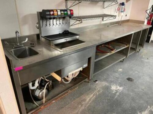 DESCRIPTION: 160" X 30" CUSTOM BUILT STAINLESS BEVERAGE STATION W/ SODA FOUNTAIN, ICE KEEPER, AND SINK. ADDITIONAL INFORMATION ALL HEAVY DUTY STAINLES