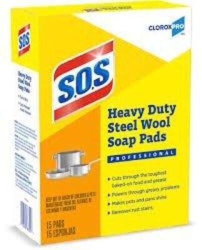 DESCRIPTION: (4) BOXES OF (15) HEAVY DUTY STEEL WOOL SOAP PADS BRAND/MODEL: CLOROX PRO SOS RETAIL$: $11.39 EA QTY: 4