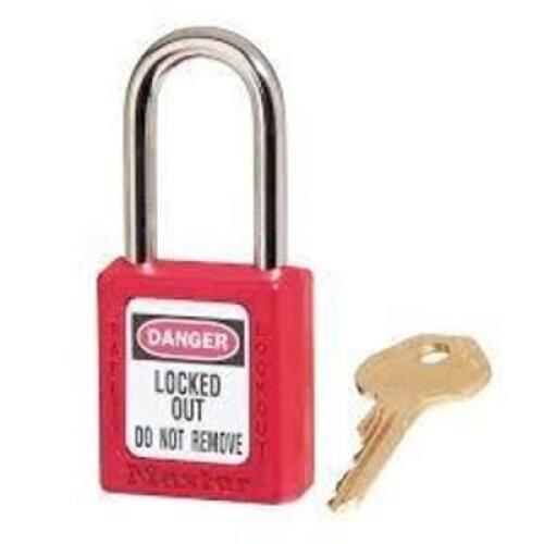 DESCRIPTION: (6) LOCKOUT PADLOCK BRAND/MODEL: MASTER LOCK/410MKW417REDLZ2 INFORMATION: RED/THERMOPLASTICS SIZE: 1-1/2"SHACKLE H X 1/4"SHACKLE DIA X 1-