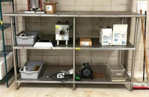 DESCRIPTION: STAINLESS STEEL SHELVING UNIT INFORMATION: CONTENTS NOT INCLUDED SIZE: 96"X36" LOCATION: PRODUCTION AREA QTY: 1