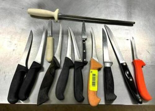 DESCRIPTION: ASSORTED KNIVES AND SHARPENER LOCATION: PRODUCTION AREA QTY: 1