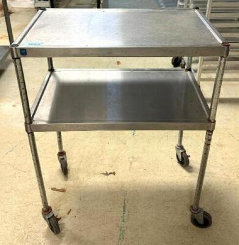 DESCRIPTION: 2-TIER STAINLESS STEEL CART INFORMATION: BENT LEG SIZE: 30"X18" LOCATION: PRODUCTION AREA QTY: 1