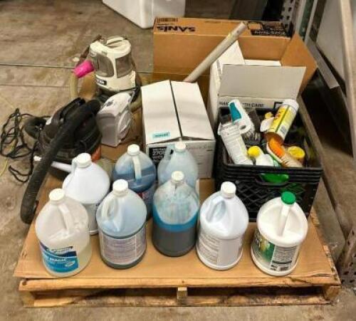 DESCRIPTION: ASSORTED CLEANING SUPPLIES ON PALLET AS SHOWN INFORMATION: SEE PHOTOS FOR MORE DETAIL LOCATION: STORAGE QTY: 1