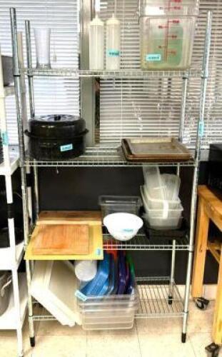 DESCRIPTION: 4-TIER WIRE SHELVING UNIT INFORMATION: CONTENTS NOT INCLUDED SIZE: 36"X14" LOCATION: KITCHEN QTY: 1
