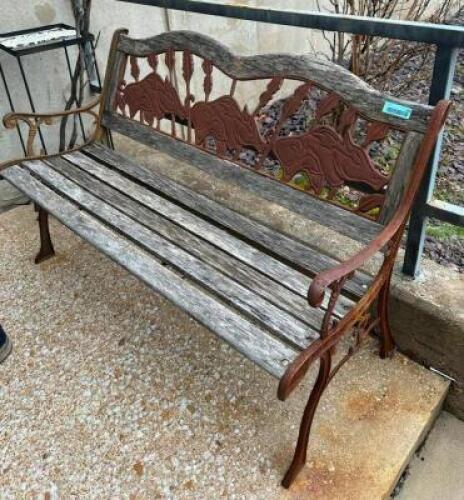 DESCRIPTION: WOODEN BENCH WITH METAL FRAME LOCATION: OUTSIDE QTY: 1