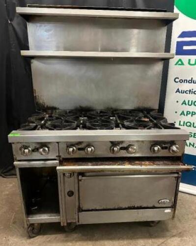 JADE RANGE EIGHT BURNER GAS RANGE W/ LOWER CONVENTIONAL OVEN.