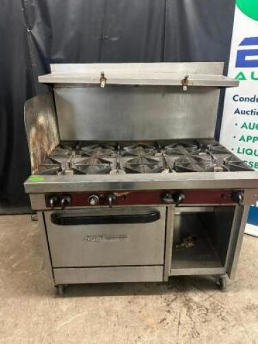 SOUTHBEND EIGHT BURNER RANGE W/ LOWER OVEN.