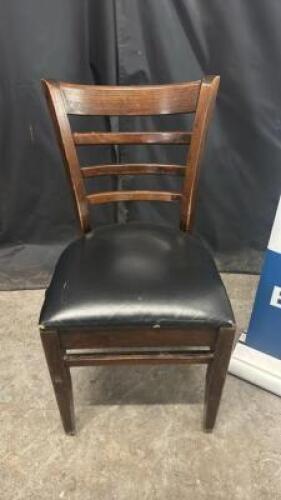 (4) LADDER BACK WOOD CHAIRS W/ BLACK SEAT CUSHIONS