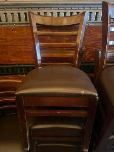 (4) LADDER BACK WOOD CHAIRS W/ BROWN SEAT CUSHIONS