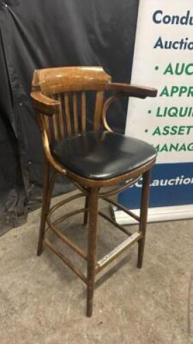 (2) 30" BAR BACK WOOD BAR STOOLS W/ BLACK SEAT CUSHIONS