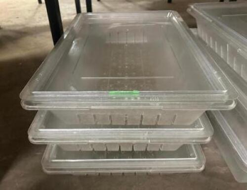 (3) LARGE PLASTIC SALAD CONTAINERS W/ DRAIN INSERTS AND LIDS.
