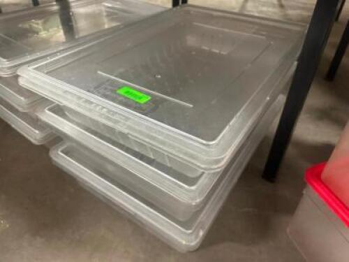 (3) LARGE PLASTIC SALAD CONTAINERS W/ DRAIN INSERTS AND LIDS.