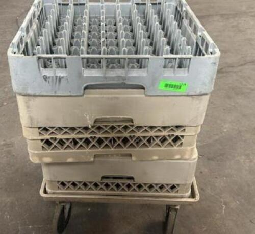 (4) ASSORTED GLASS RACKS W/ DOLLY