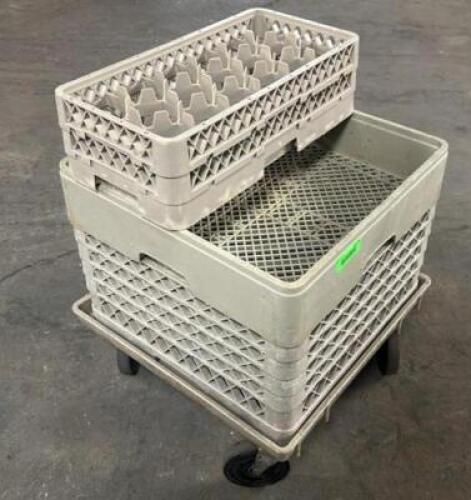 (4) ASSORTED GLASS RACKS W/ DOLLY