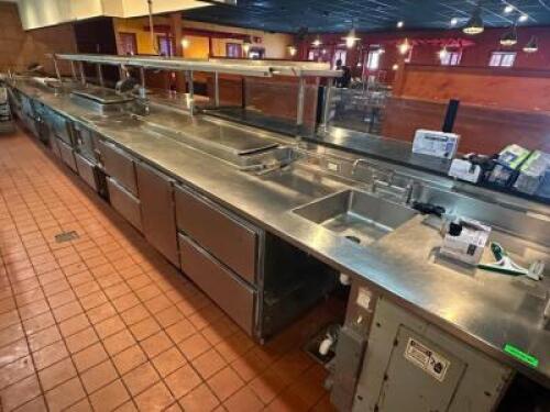32' ALL STAINLESS CHEFS LINE W/ PASS THROUGH. COMES WITH MULTIPLE DRAWER AND DOOR COOLERS, HAND SINKS, SEVERAL WARMERS.