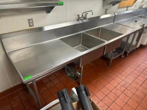 9' TWO WELL STAINLESS PREP SINK W/ LEFT AND RIGHT DRY BOARDS.